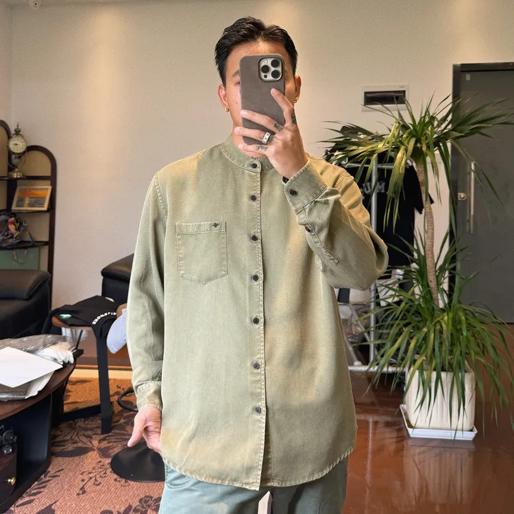 早秋新款莱赛尔衬衫长袖男复古简约风宽松圆领国风男士亨立领外套