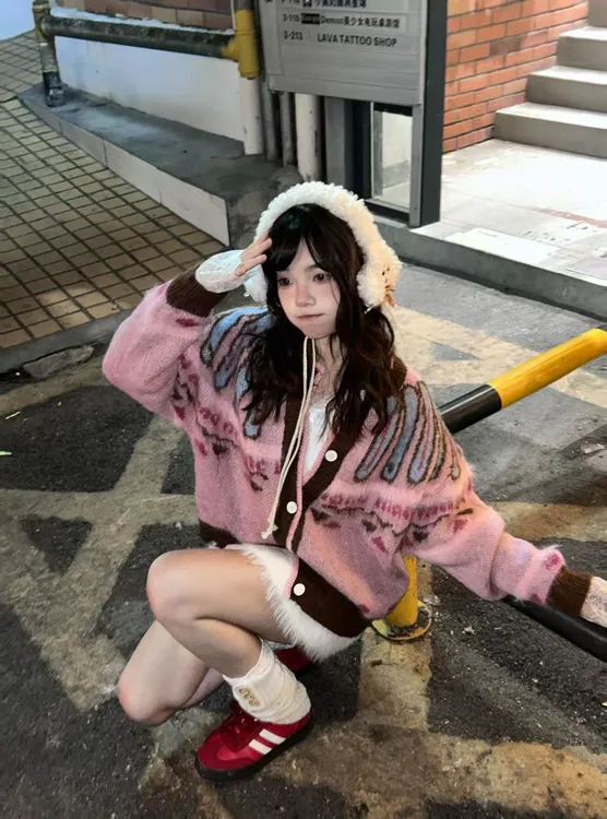 费尔岛韩系提花针织开衫女秋冬新款软糯新款慵懒风百搭粉色上衣