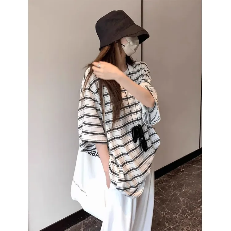 慵懒松弛感条纹短袖t恤女夏季薄款宽松oversize正肩半袖韩系上衣