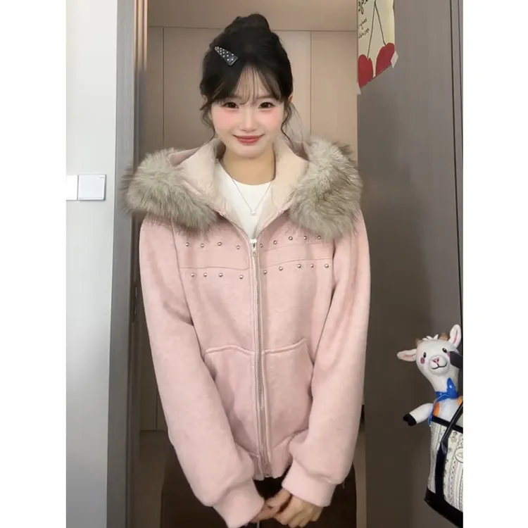 美式复古加绒连帽卫衣外套女2025秋冬季新款宽松显瘦休闲百搭上衣