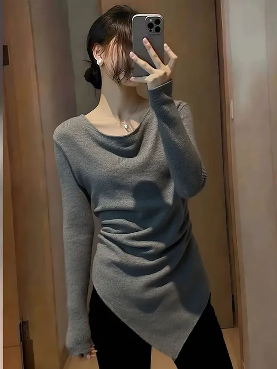 Z41不规则下摆长袖T恤女春秋季修身韩版洋气时髦荡领上衣打底衫