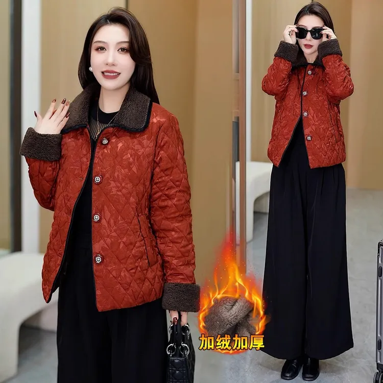加绒加厚菱形格棉服外套女2025冬季新款洋气宽松翻领加厚保暖棉袄