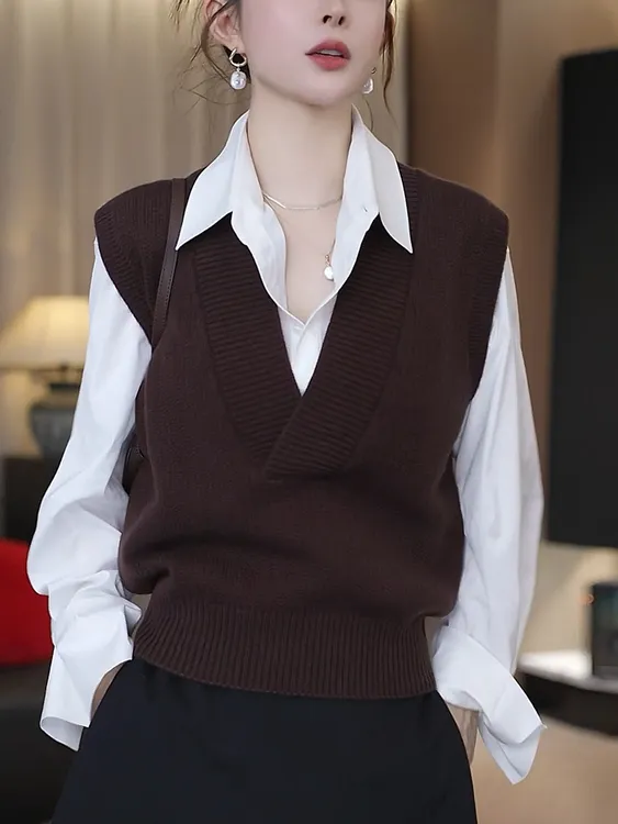韩版气质v领马甲拼接上衣2025秋冬季复古极简风长袖衬衫洋气女装