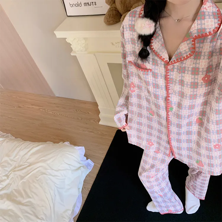 星星格子睡衣女春秋款带胸垫日系高级感长袖云朵棉家居服套装夏天