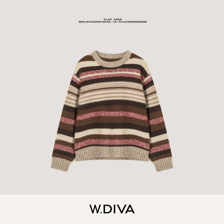 W.Diva【霓彩忆境】复古撞色花纱活挠羊绒圆领套头毛衫女54Z072828
