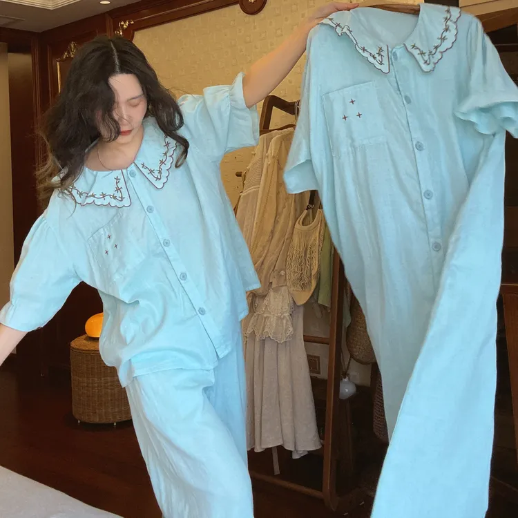 睡衣女夏季2025新款纯棉纱布短袖长裤薄款刺绣套装夏天睡裙家居服