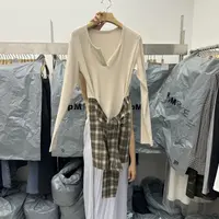 special韩国东大门代女秋季洋气半开领格子拼接显瘦长袖T恤