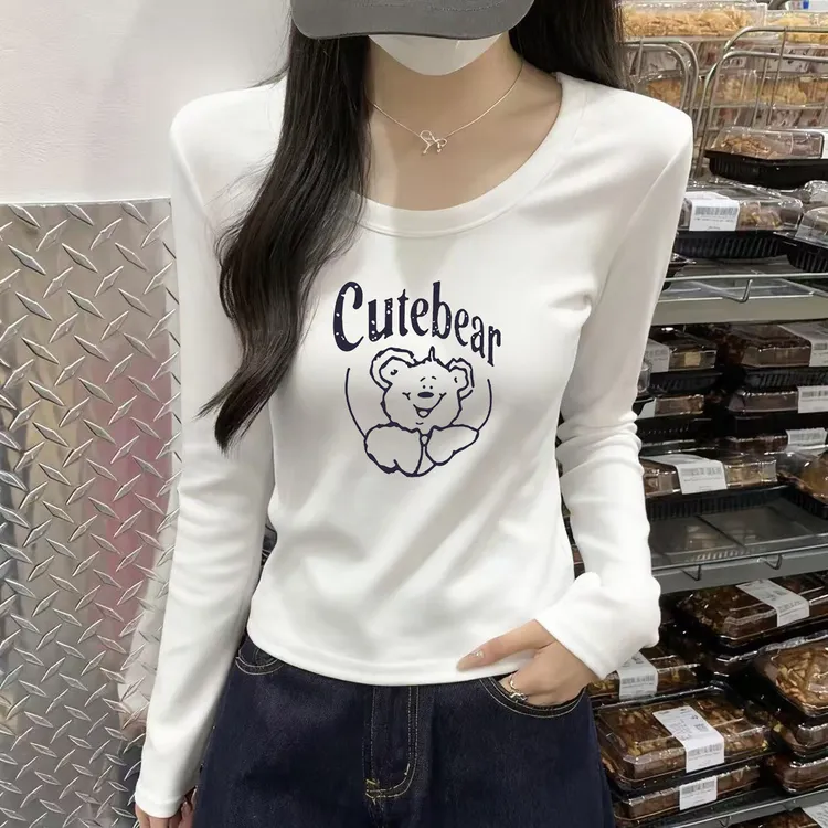 正肩白色长袖秋冬修身打底衫女棉质t恤U领上衣内搭百搭基础款T
