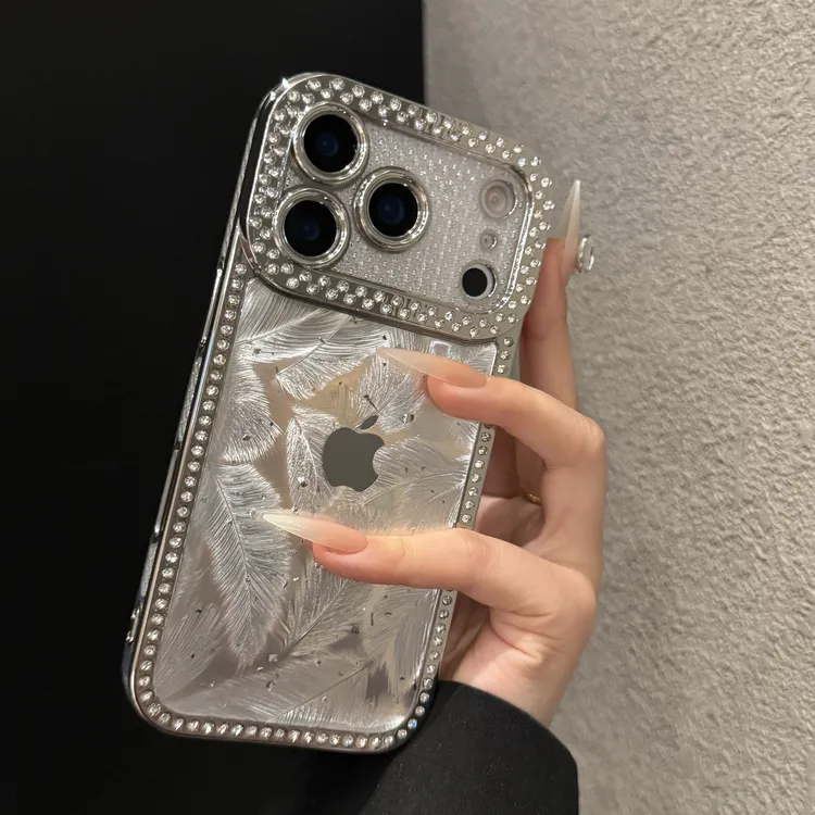 电镀满钻羽毛纹适用苹果17promax手机壳个性iPhone16创意15简约14