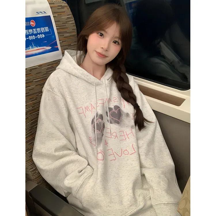 美式慵懒chic猫爪字母印花连帽卫衣女春秋学院风宽松休闲情侣外套