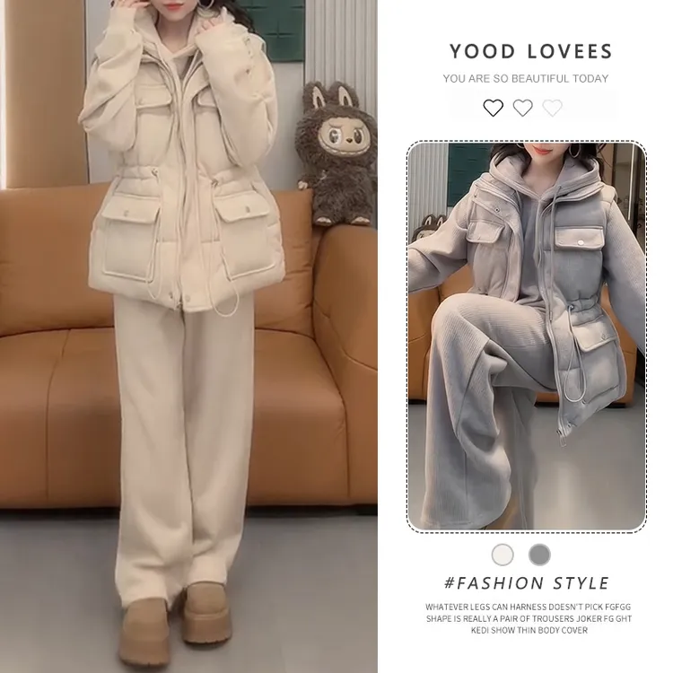 2025秋冬新款欧货减龄连帽卫衣外套搭配棉马甲高腰阔腿裤三件套女