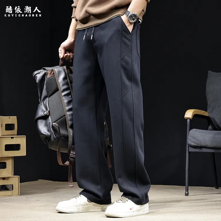 拼接直筒运动裤男秋冬季2025新款加绒加厚卫裤休闲长裤子宽松大码