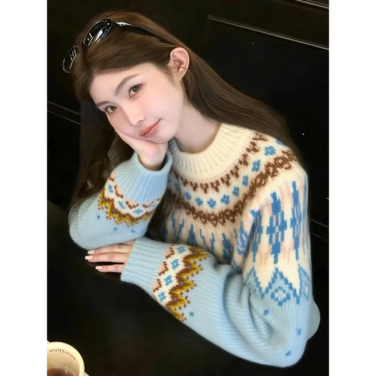 蓝色费尔岛提花软糯宽松针织毛衣女2025秋冬季圣诞穿搭巨好看上衣