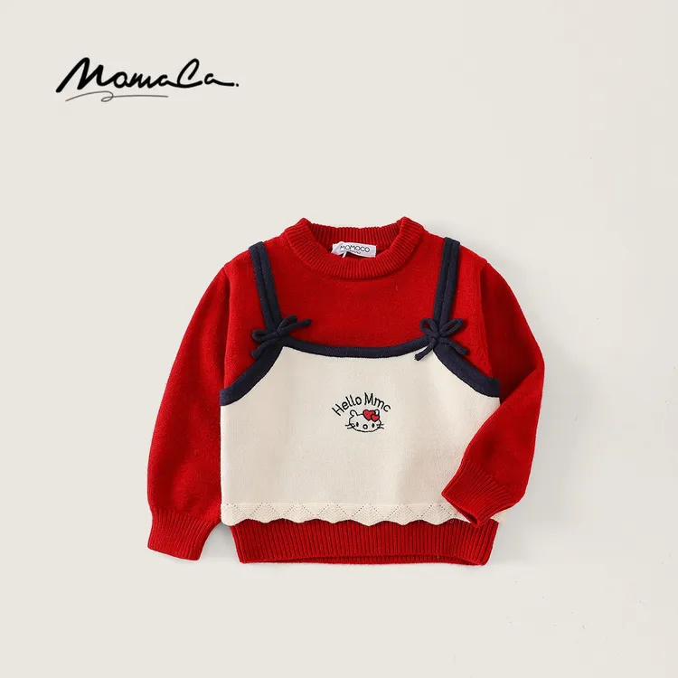 MOMOCO女童冬季儿童新款时尚可爱猫咪假两件针织毛衣77830230032