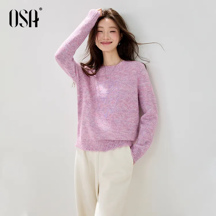 OSA/欧莎 温柔紫色圆领针织衫慵懒宽松刺绣毛衫上衣S125C16059