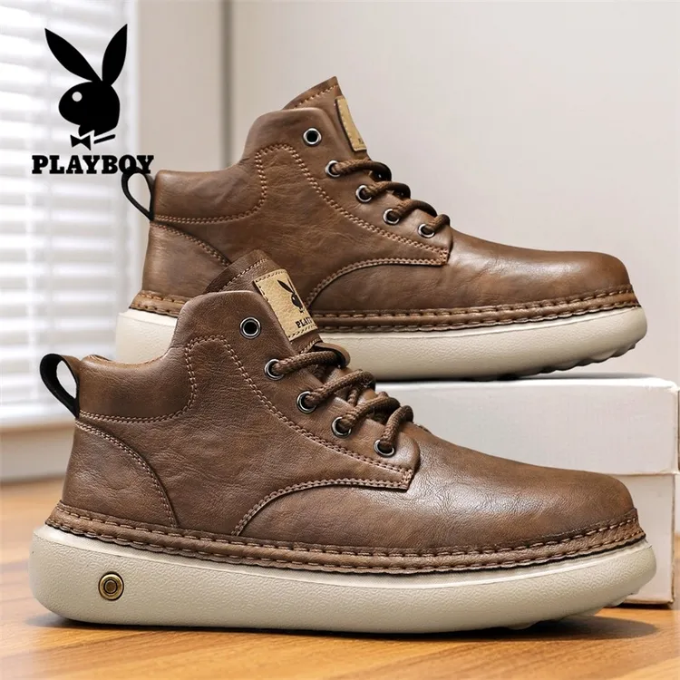 PLAYBOY/花花公子秋冬休闲高帮皮鞋轻便防滑耐磨男鞋复古运动鞋子