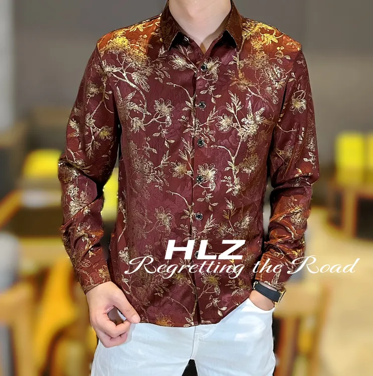 2025早秋新款男士高品质修身时尚个性花纹薄款纽扣款翻领长袖衬衫