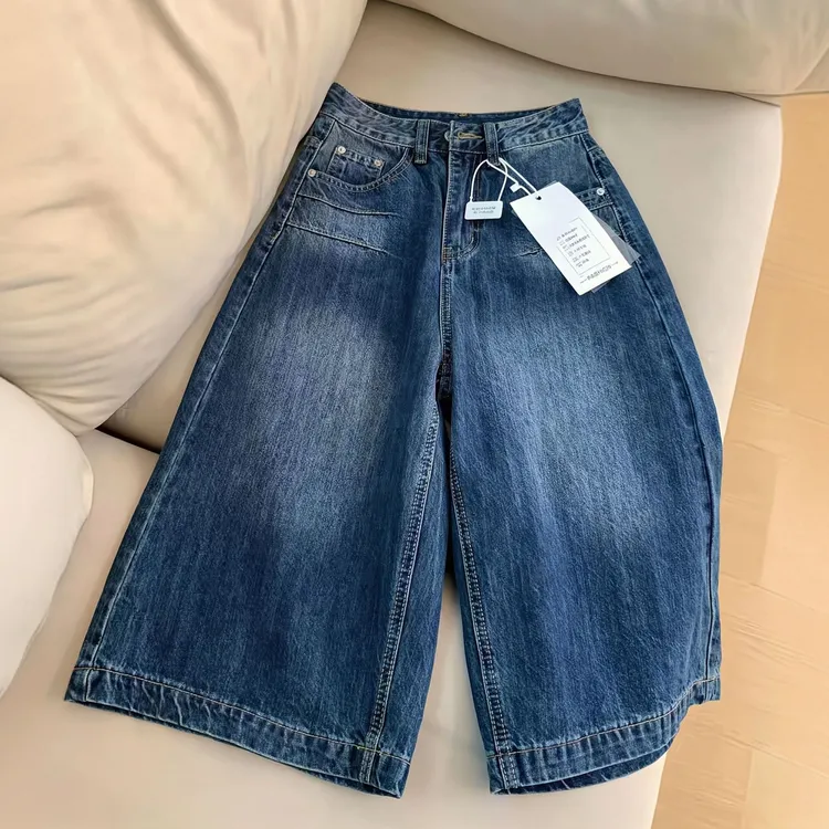 新夏季潮流复古七分阔腿牛仔裤直筒时尚薄款百搭水洗韩版阔腿短裤