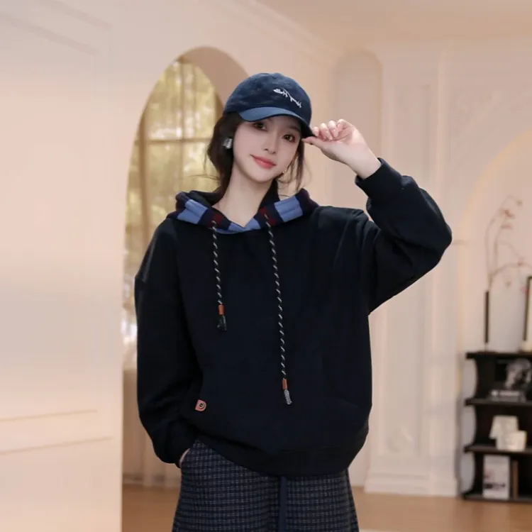 【YANYAN】连帽拼格子休闲卡通卫衣新款修身显瘦长袖上衣YY-8021