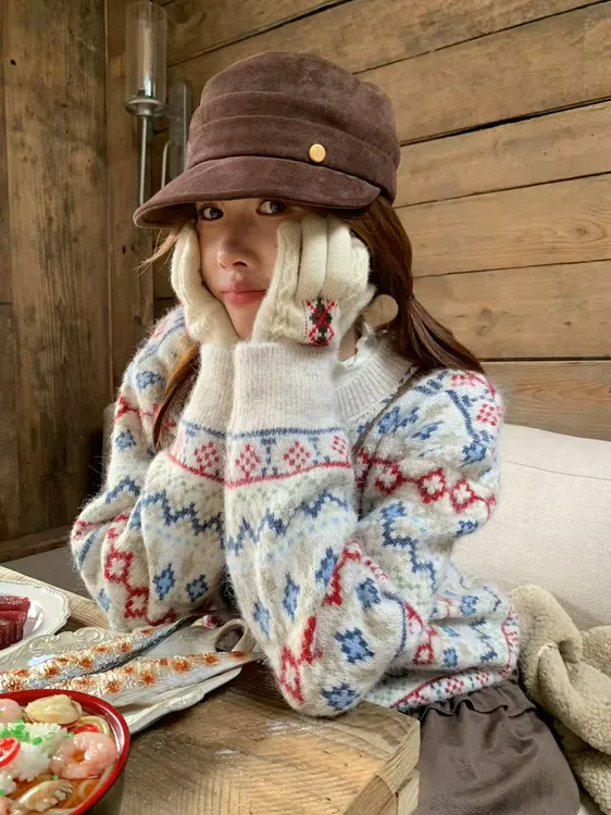 韩系复古提花软糯针织打底衫秋冬新款慵懒风宽松加厚内搭外穿毛衣