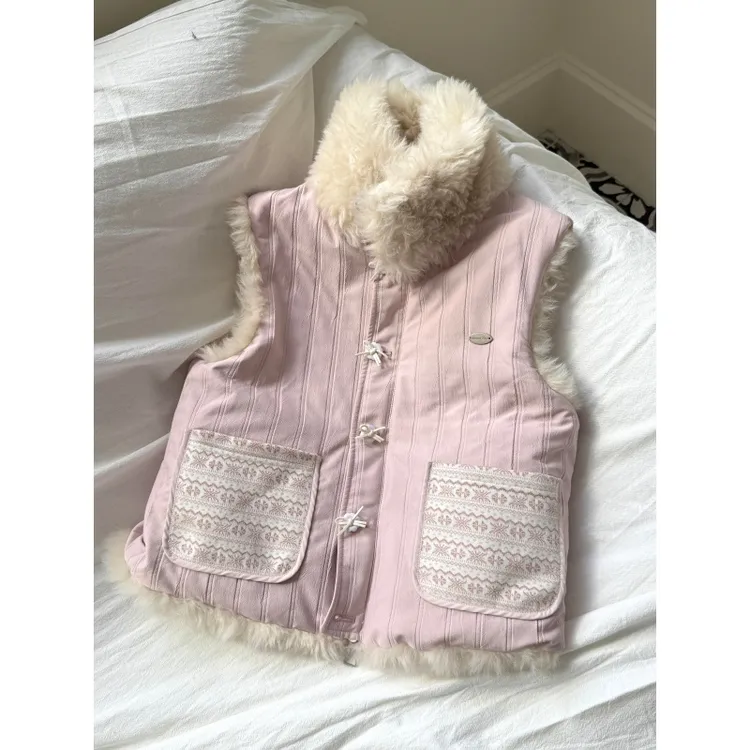 绒绒岛屿复古费尔岛马甲外套女秋冬新款羊羔毛拼接保暖背心马夹