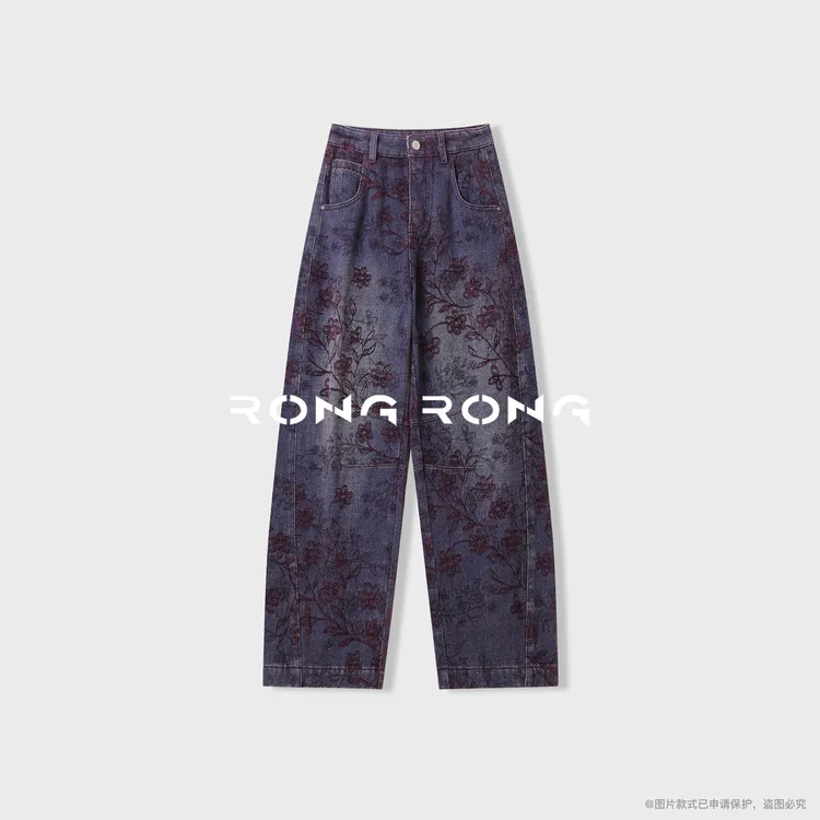溶溶【文艺派对】RONGRONG 棉复古做旧艺术花卉刺绣弯刀牛仔裤W0324