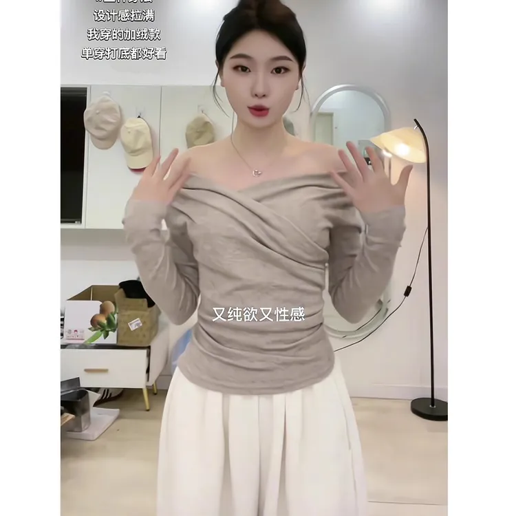 （可多种穿法+不规则）加绒交叉V领长袖T恤秋冬显瘦内搭打底上衣女