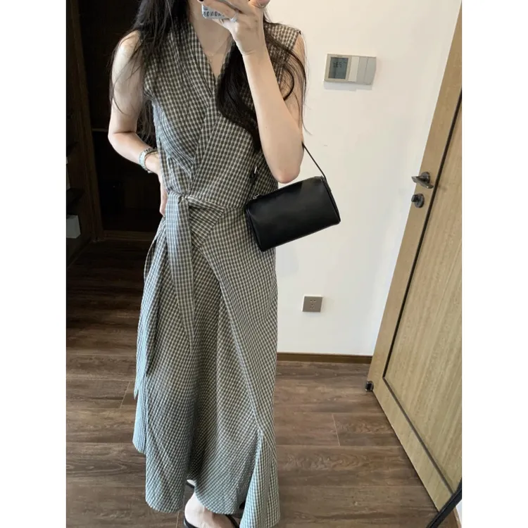 parkyeon设计感交叉绑带v领背心长裙女夏装复古减龄格子裙子