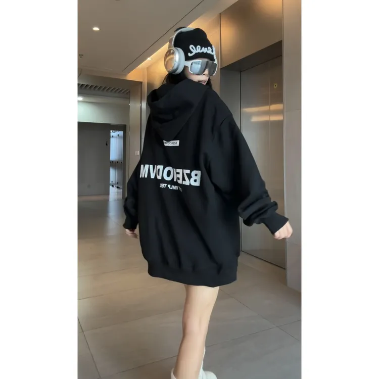 连帽卫衣女2025新款秋季美式复古设计感宽松落肩下衣失踪长袖外套