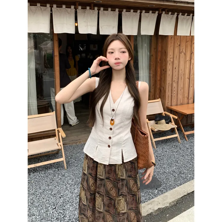 法式复古v领修身无袖马甲半身裙咖色a字印花半身裙两件套装女裙子