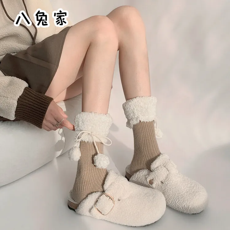 八兔家·毛绒袜子可爱毛球中筒袜秋冬羊羔绒洛丽塔袜女白色长袜