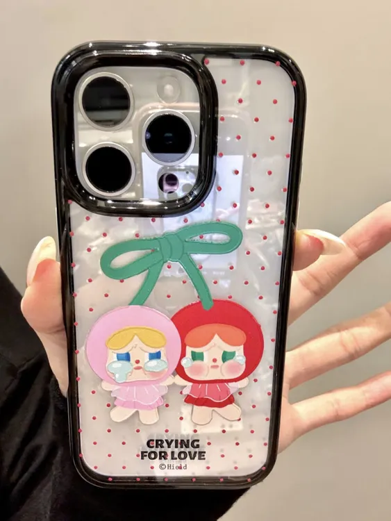 满屏红波点樱桃哭包娃适用苹果16Promax新款15黑边14亚克力手机壳