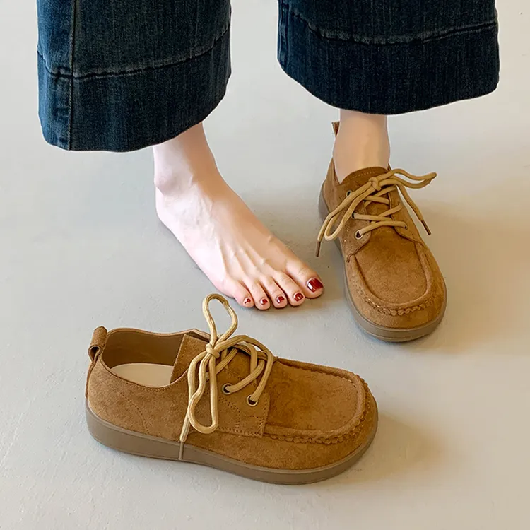 厚底复古勃肯鞋女款2025新款春秋季系带豆豆鞋网红休闲乐福小皮鞋