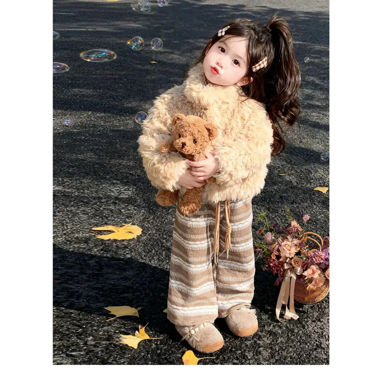 女童冬季2025新款软糯毛茸茸毛毛外套洋气套装儿童韩版加绒阔腿裤