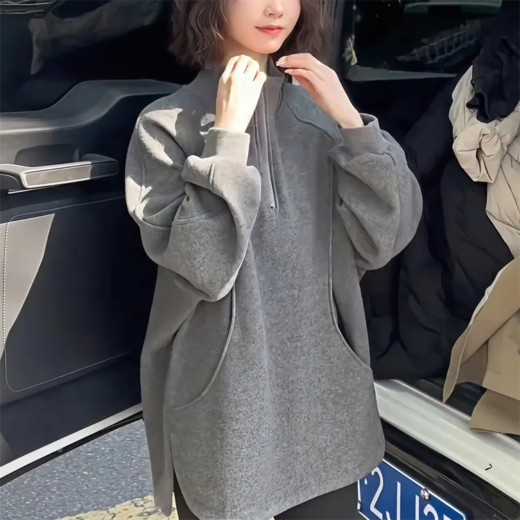 韩系时尚洋气下摆开叉上衣女2025秋季新款复古宽松显瘦设计感卫衣