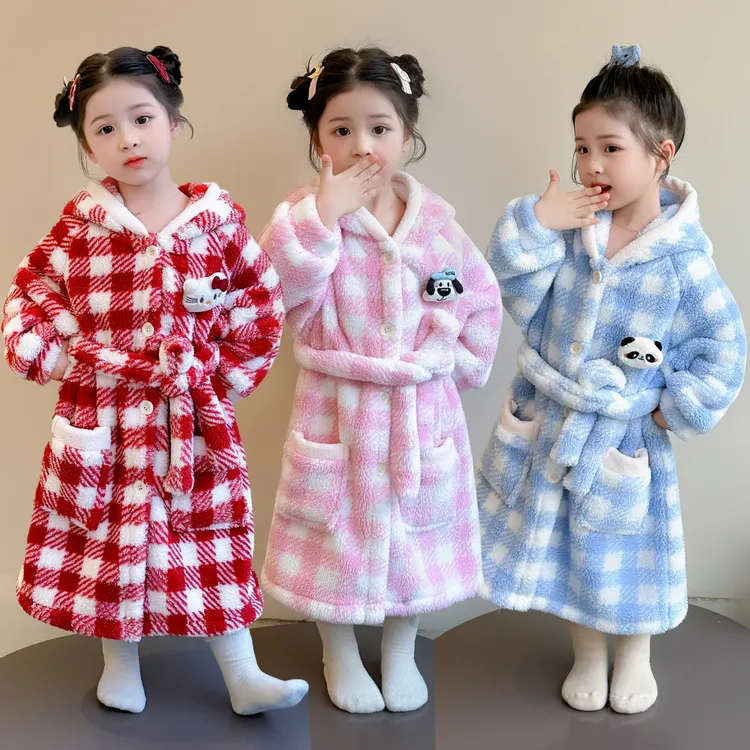 儿童睡袍宝宝可穿式浴巾连帽睡衣女孩秋冬款法兰绒女童珊瑚绒浴袍