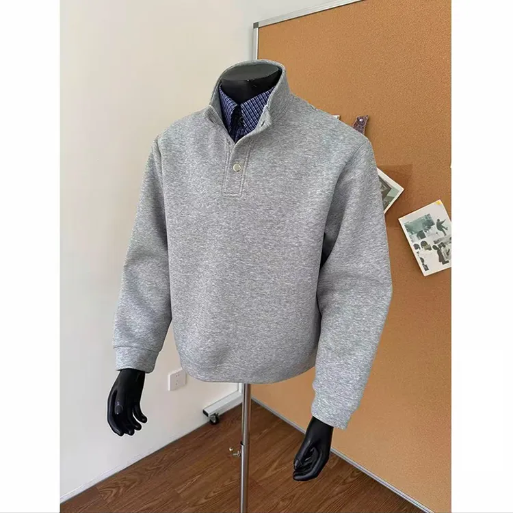 蓝色格子假两件立领卫衣男春秋季新款复古老钱风翻领外套休闲上衣