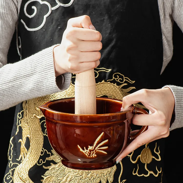 复古陶瓷蒜臼厨房调料品罐子风俗容器罐子家用捣蒜器仿古古朴道具