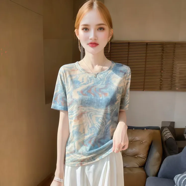 春季新款水墨扎染设计短袖女打底衫女圆领印花宽松T恤女薄款上衣1