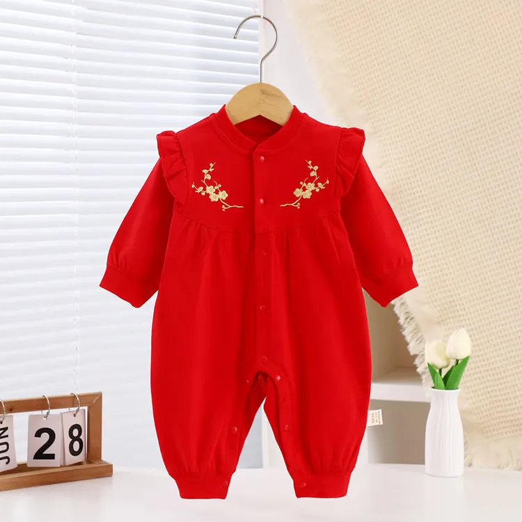 女宝连体衣春夏新款百天满月婴儿拍照服装纯棉刺绣红色新生儿衣服