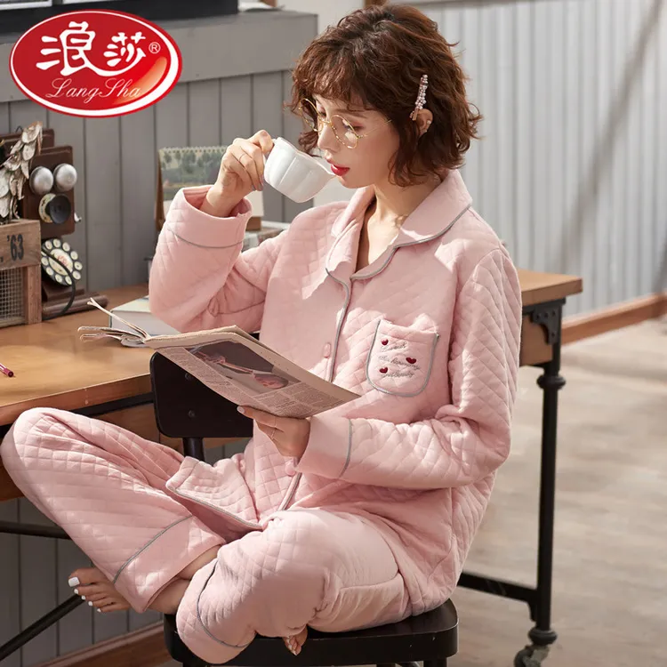 夹棉睡衣女秋冬季三层空气纯棉女士保暖薄棉家居服春秋款休闲舒适