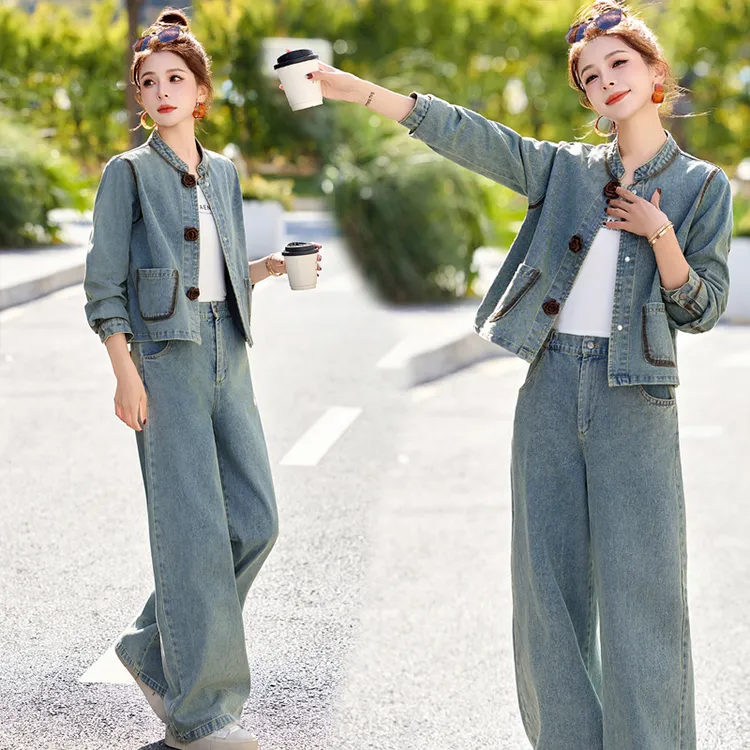时尚撞色拼接牛仔套装女2025春秋新款复古设计感休闲阔腿裤两件套