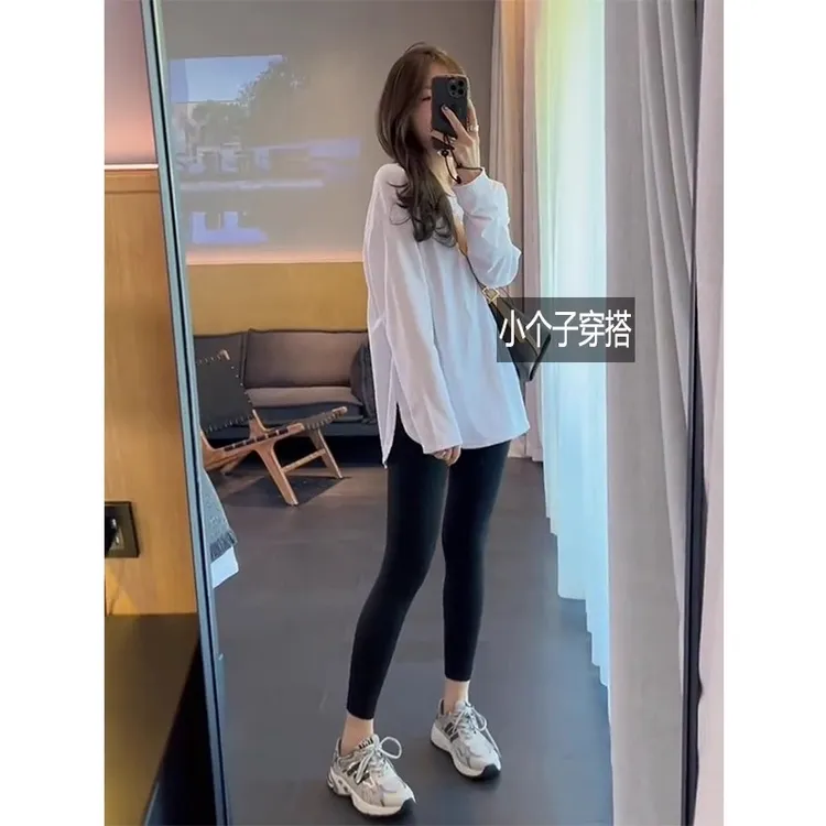 小个子中长款白色长袖t恤女遮臀打底衫秋冬内搭宽松上衣显瘦百搭