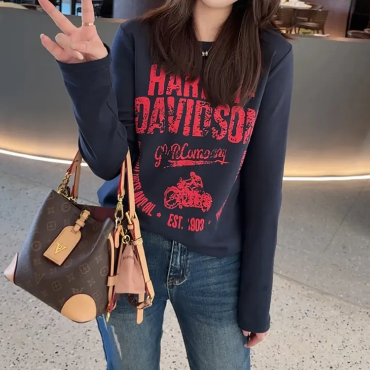 美式复古创意机车字母印花长袖T恤女2025早秋新款宽松显瘦上衣潮