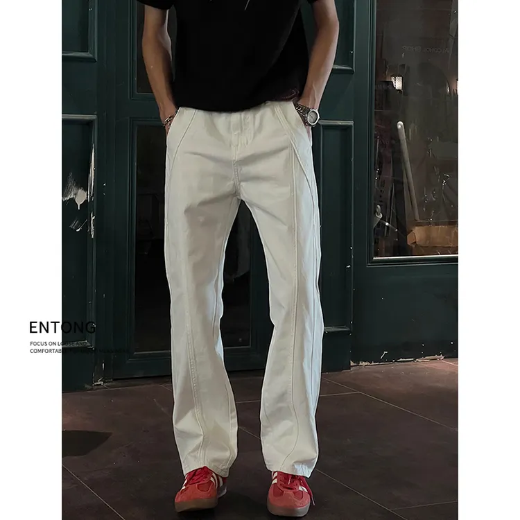Entong美式解构设计感牛仔裤男生高街cleanfit宽松休闲直筒裤子潮