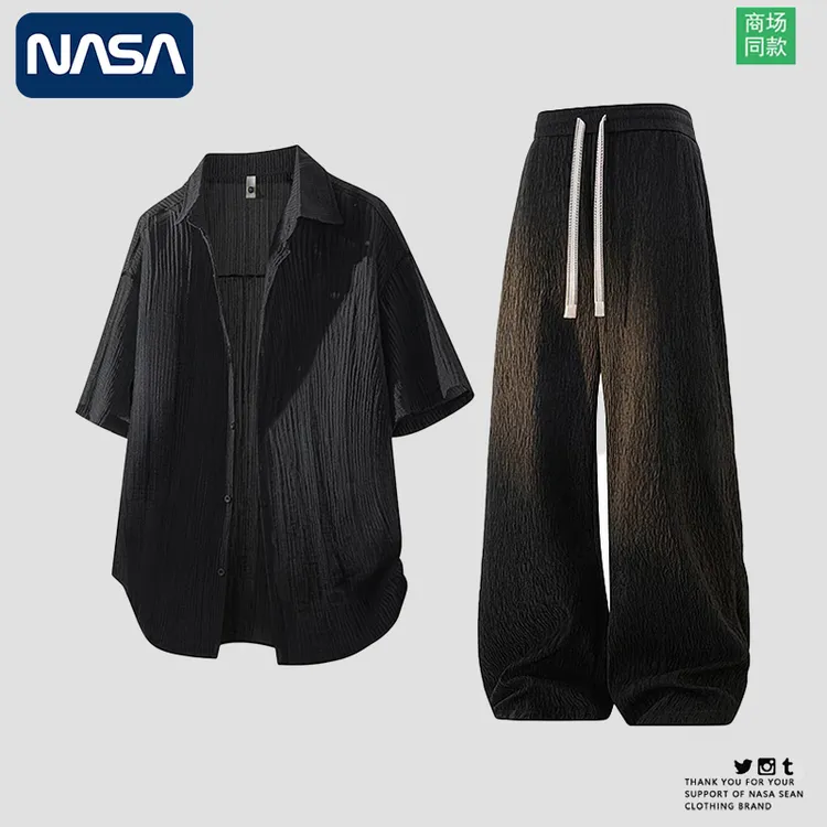 NASA薄款短袖衬衫套装男装男士夏季冰丝衬衣休闲裤两件套潮牌潮流