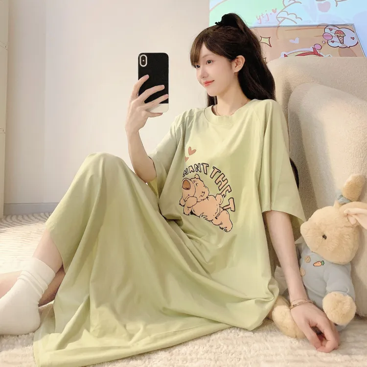 超大码全棉睡裙女夏季新款卡通100%纯棉短袖宽松家居服睡衣可外穿