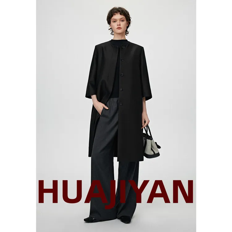 华吉言/HUAJIYAN【夜曲】羊毛桑蚕丝双面绸圆领中袖长款风衣