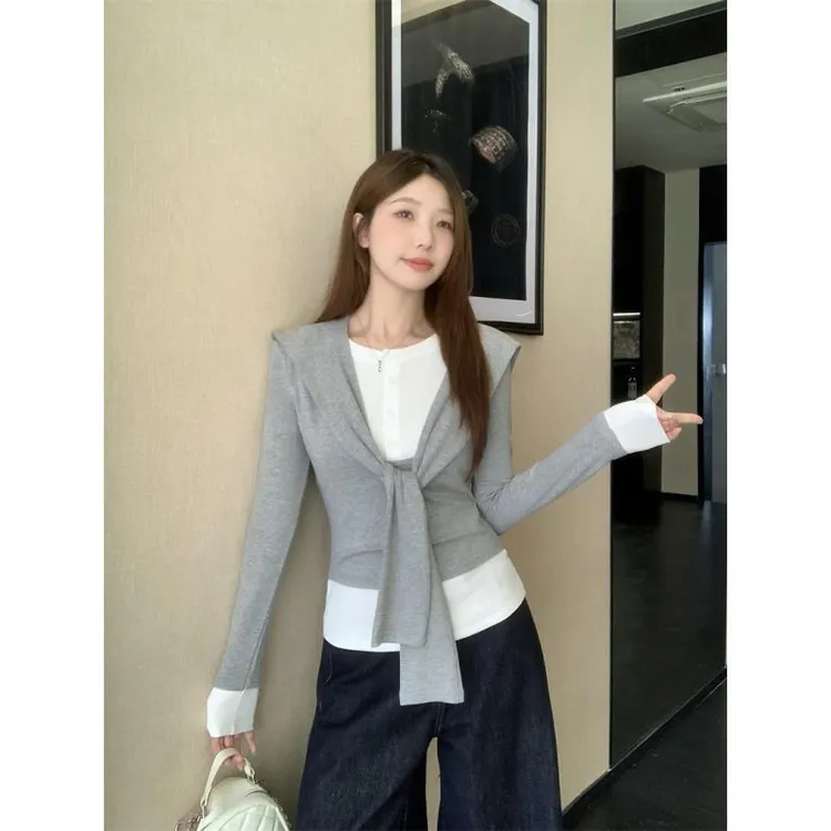 【妙想】微胖mm假两件撞色拼接长袖上衣女秋季新款修身显瘦披肩T恤