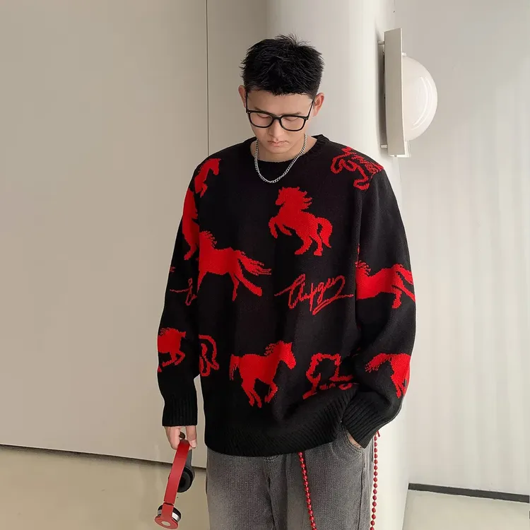 加大码秋冬季美式潮牌男提花小马毛衣圆领套头休闲宽松胖子针织衫